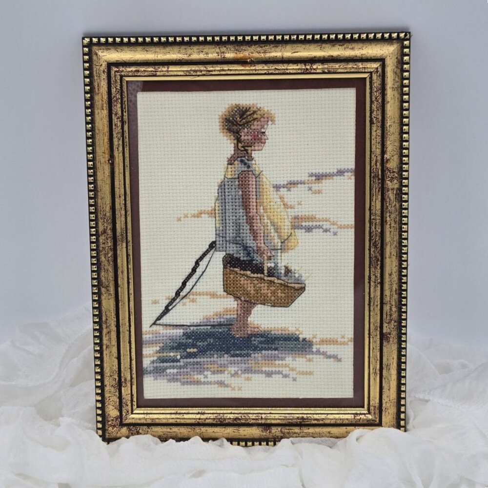 Framed Cross Stitch Girl at the Beach, Vintage Gold Frame Wall Art, Handmade